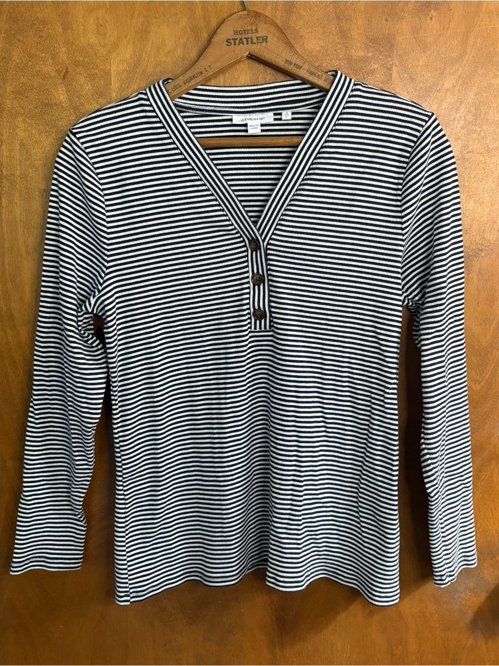 Chico's Black & White Striped Long Sleeve Henley Top Large Nautical Minimalist